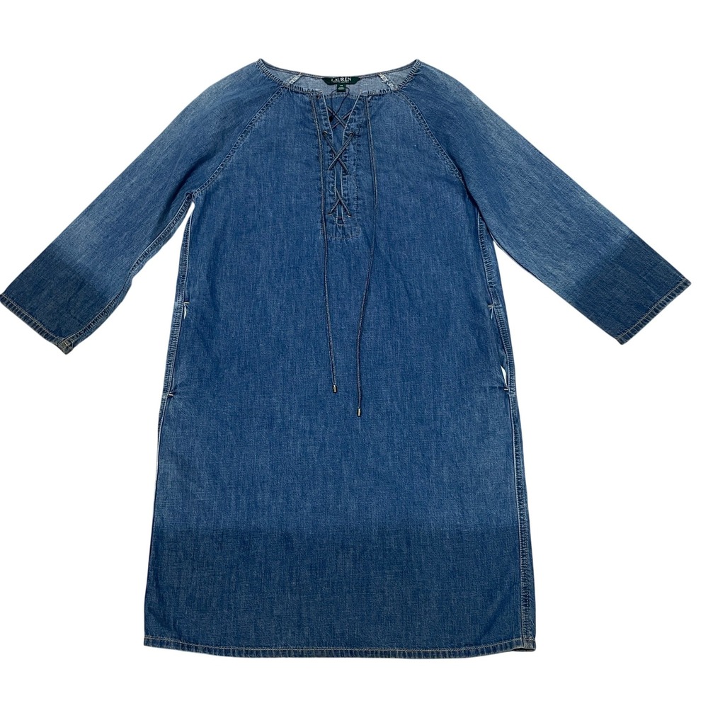 Lauren Ralph Lauren Denim Chambray Lace Up Shift Dress Pockets‎ Women's XS